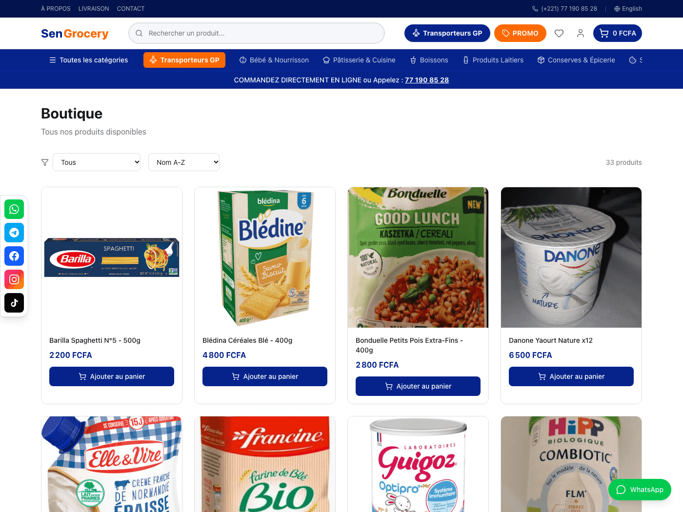 The SenGrocery storefront showing the product catalogue in French.